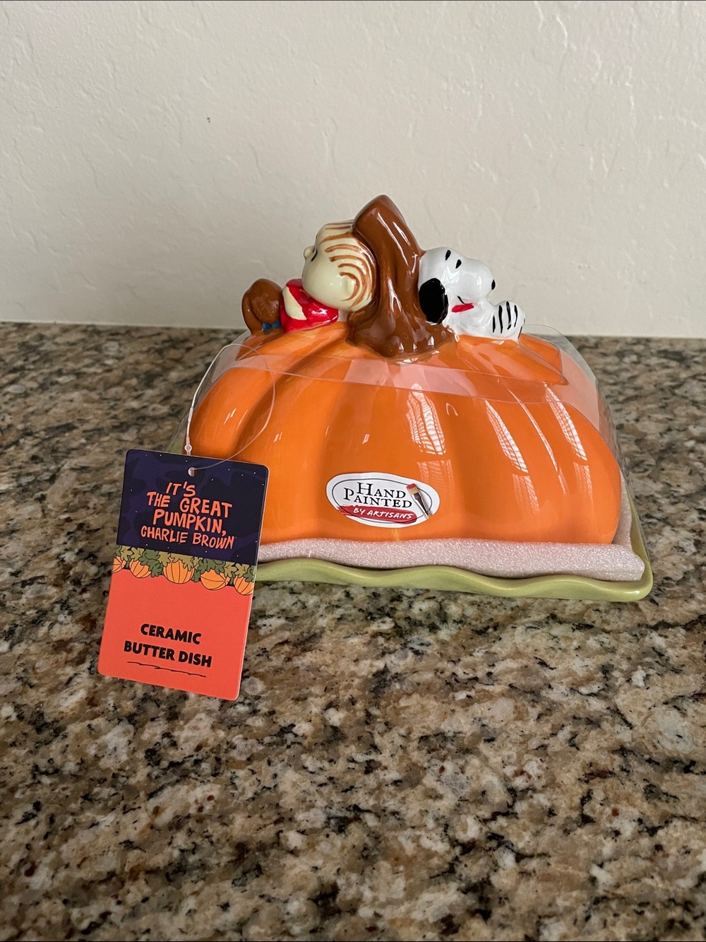 Peanuts Orange and Green Pumpkin Butter Dish with Linus & Snoopy